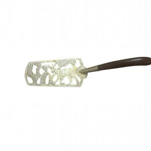Antique  Cake Server Alpaca Mexico Hand Cut deer Silver Wood Handle